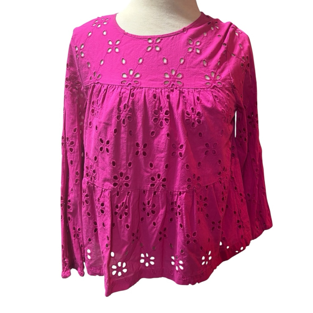 J.Crew Fuchsia Pink Eyelet Cotton Tiered Babydoll Blouse Top Womens Small #58‎